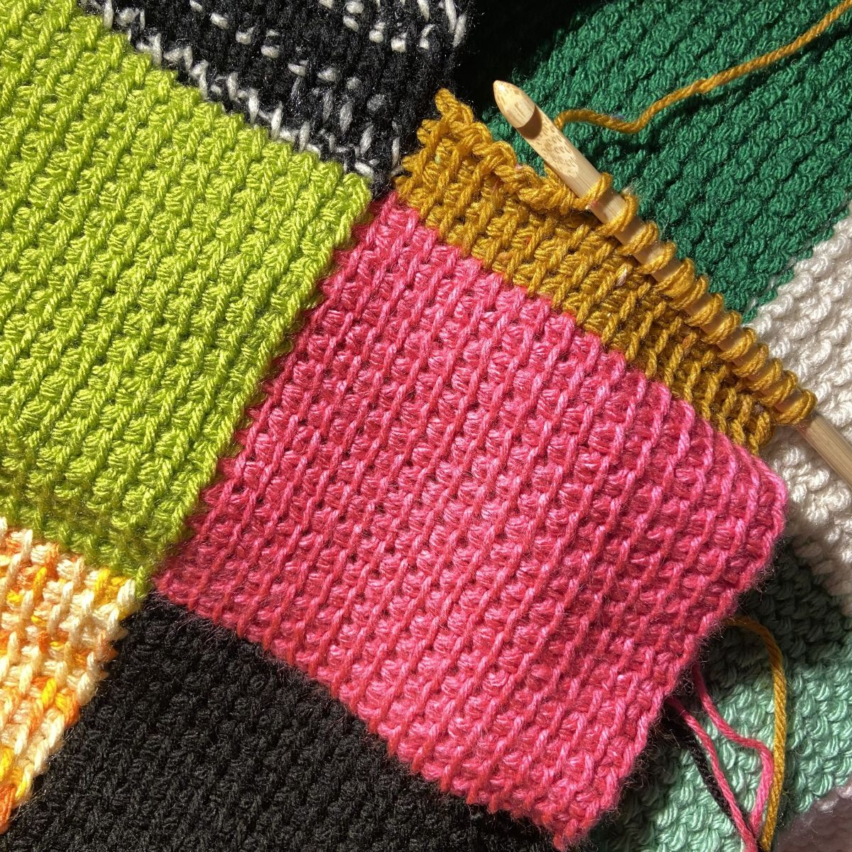closeup of Tunisian crochet blanket work-in-progress